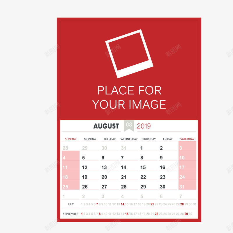 红白色2019年8月日历矢量图ai免抠素材_88icon https://88icon.com 2019年 8月 8月日历 白色 红色 英文 矢量图