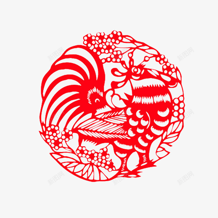 红色鸡年剪纸png免抠素材_88icon https://88icon.com 中国文化 剪纸 红色 花朵纹样 鸡年剪纸素材