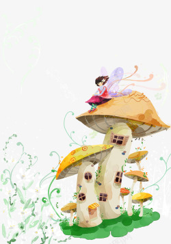 卡通手绘蘑菇屋女孩素材