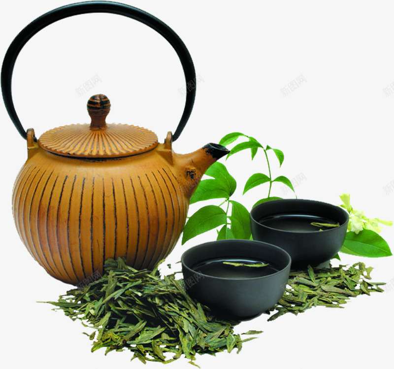 茶壶茶叶毛尖茶png免抠素材_88icon https://88icon.com 素材 绿色茶叶 棕色 茶壶 黑色 茶碗 茶具素材