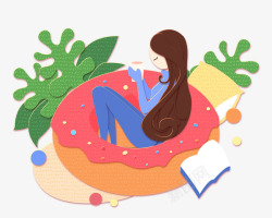 卡通手绘坐在甜甜圈里的女孩素材