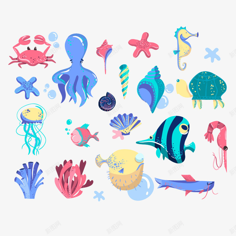 卡通手绘海洋生物png免抠素材_88icon https://88icon.com 水草 海星 海洋生物 海藻 章鱼 螃蟹 鱼