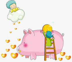 粉色小猪与人物插画素材
