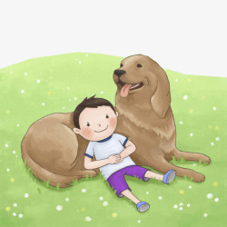 依靠狗狗躺在草地上的男孩素材