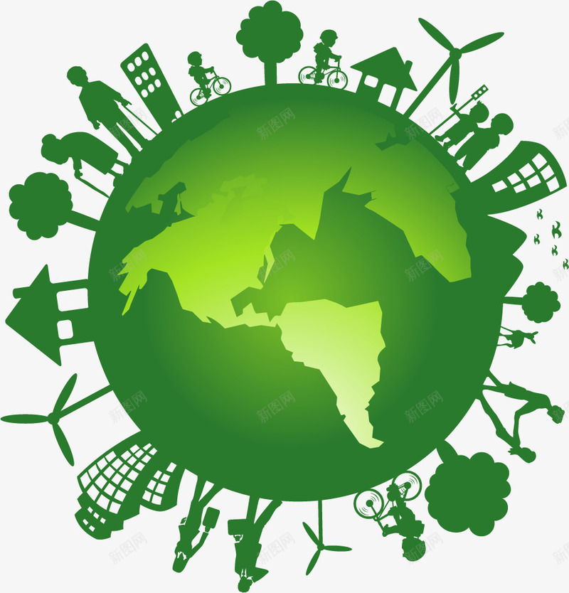 绿色环保地球人物剪影png免抠素材_88icon https://88icon.com 可再生能源 可持续发展 地球 环保 绿色人物剪影 绿色地球