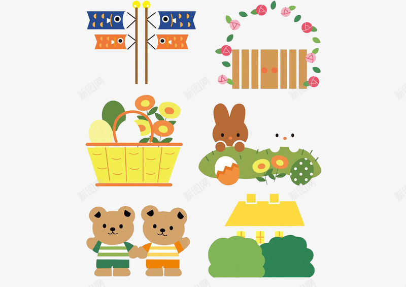 卡通动植物小图案png免抠素材_88icon https://88icon.com 卡通 小熊 花篮 草丛