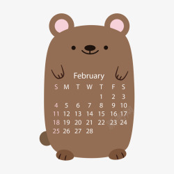 咖啡色小熊2018年2月动物日历矢量图素材
