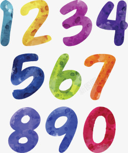 彩色水彩手绘数字0到9矢量图素材