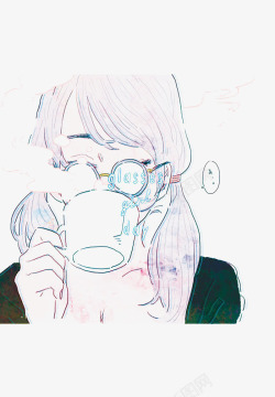 喝咖啡的少女漫画素材