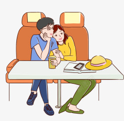 手绘坐火车的情侣人物插画素材