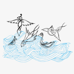 手绘海水和海鸟矢量图素材