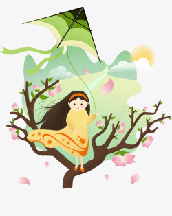 卡通春季树上站立的女孩素材