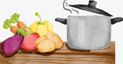 手绘在木板上的蔬菜和锅矢量图素材