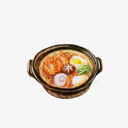 香菇逼真手绘图手绘炖锅里的美味拉面高清图片