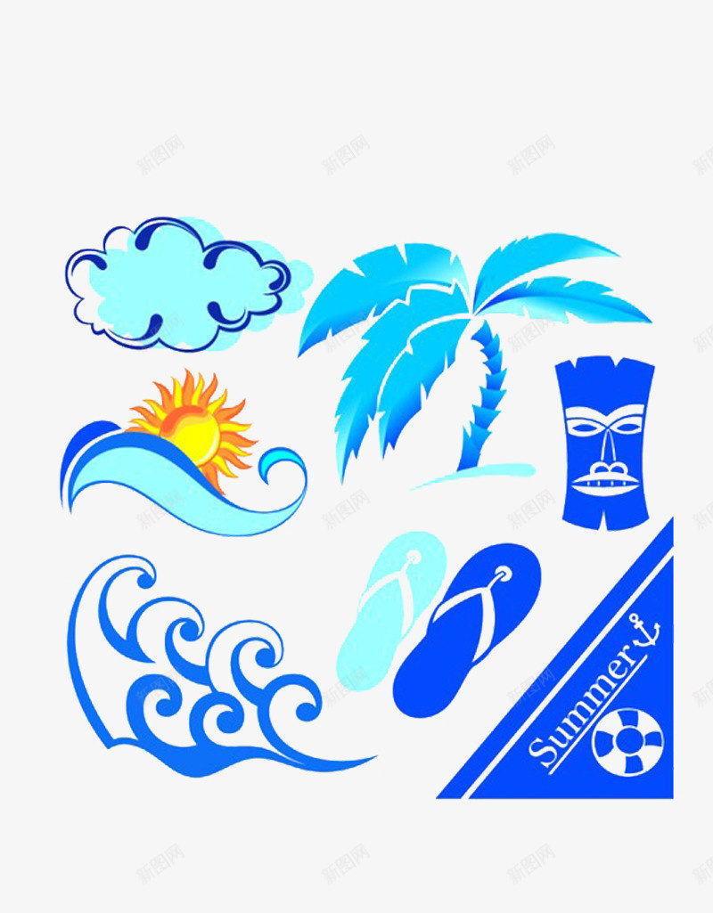 蓝色夏威夷元素png免抠素材_88icon https://88icon.com 夏天 夏威夷 夹板 椰树 海浪