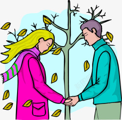 卡通插图冬日情侣握手面对面素材