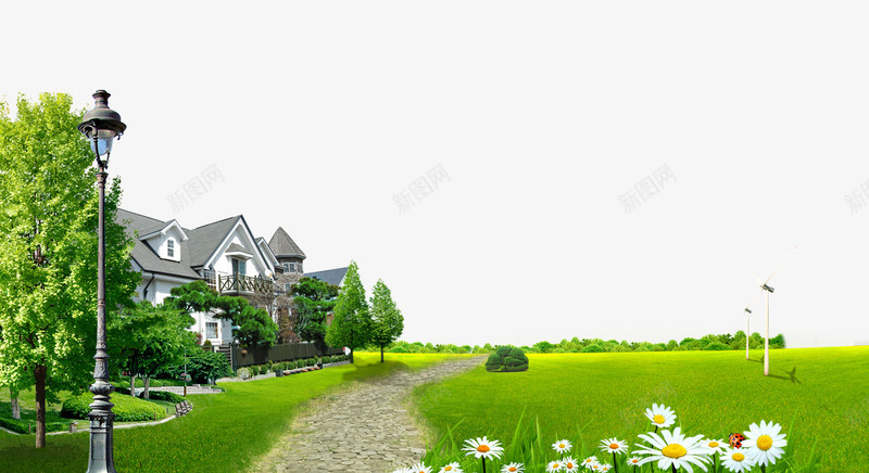 别墅建筑草地psd免抠素材_88icon https://88icon.com 别墅 小路 菊花 郊区 青草