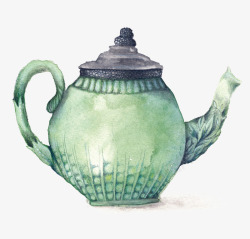 手绘文艺绿色茶壶素材