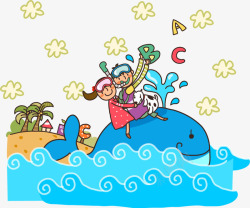 骑着鲨鱼的小朋友插画矢量图素材