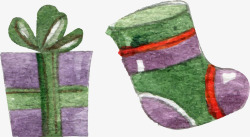 手绘水彩礼盒和圣诞袜子素材