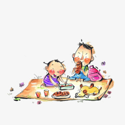 卡通和爸爸一起野餐的小女孩素材