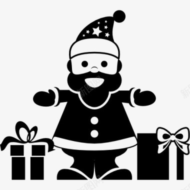 圣诞老人站在两个礼物在两侧图标图标