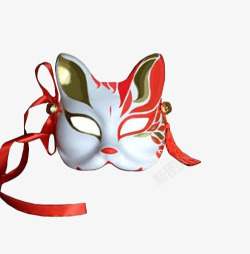 红色的脸红色丝带铃铛半脸式和风狐狸面具高清图片