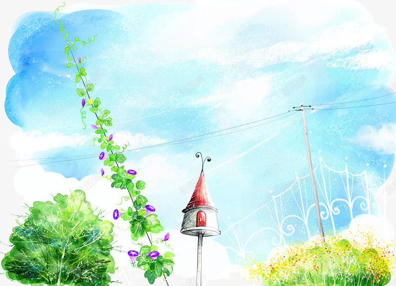 手绘风光png免抠素材_88icon https://88icon.com 手绘 水彩画 花草 蓝天