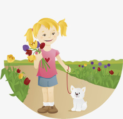卡通插图小姑娘拿着花牵着小狗素材