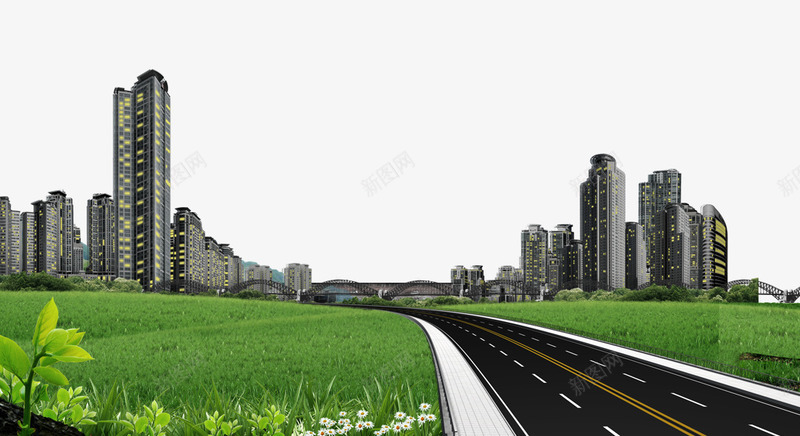 建筑公路草地背景psd免抠素材_88icon https://88icon.com 大厦 草地 都市 高楼 高速公路