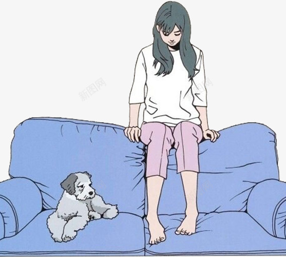 坐在沙发上的少女psd免抠素材_88icon https://88icon.com 女孩 小狗 手绘 蓝色沙发