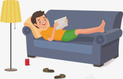 紫色沙发躺在沙发上玩手机的男子矢量图高清图片