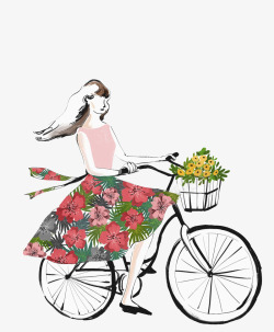 小清新粉色碎花裙骑自行车的女孩素材