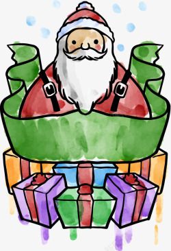 水彩手绘圣诞老人飘带矢量图素材