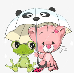 雨伞下的小猫和青蛙矢量图素材
