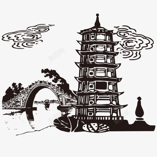 手绘塔和桥png免抠素材_88icon https://88icon.com 一座 剪影 卡通 手绘 桥梁 简图 高塔 黑色