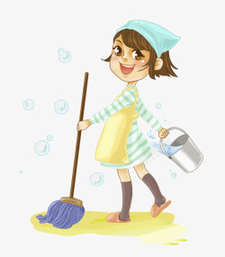 卡通手绘插图擦地板干活的小女孩素材