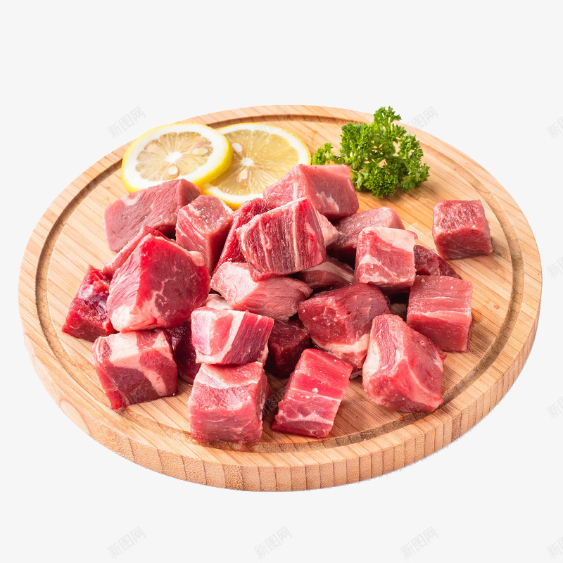 巴西牛腩块png免抠素材_88icon https://88icon.com 产品实物 圆形案板 巴西牛腩块 柠檬片 牛肉切块 牛腱肉 进口牛肉
