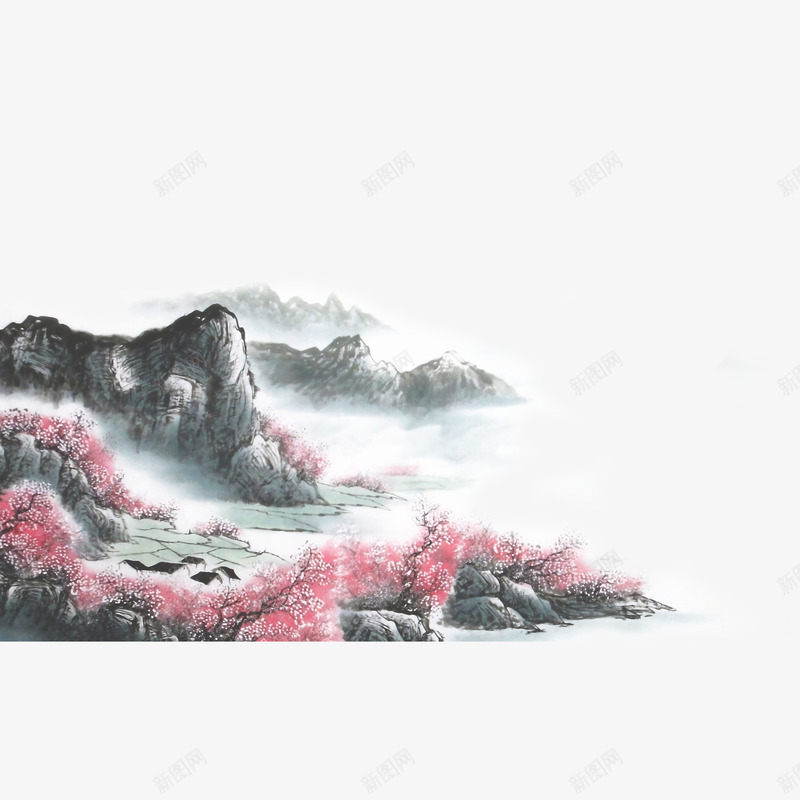 中国风水墨山水烟雨桃花psd免抠素材_88icon https://88icon.com 中国风 水墨山水 烟雨 烟雨桃花