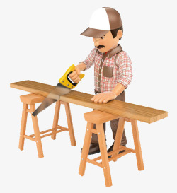 木工师傅3D人物可爱装修木工师傅锯木板高清图片