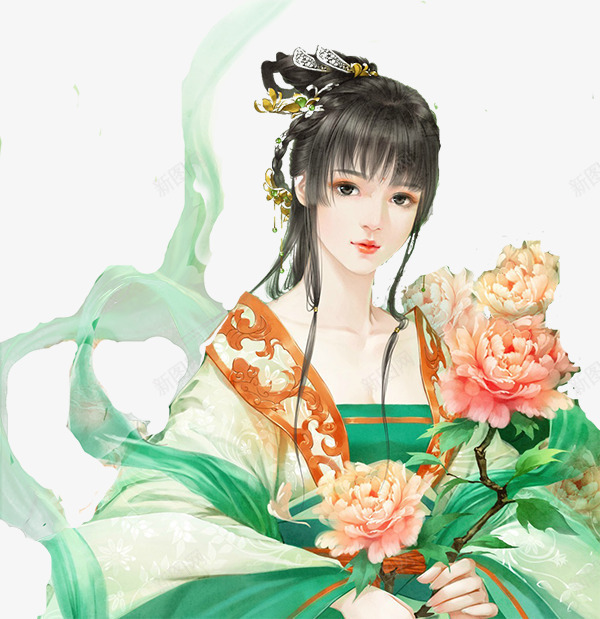 绿衣红花飘动的丝带美女png免抠素材_88icon https://88icon.com 丝带 红花 绿衣 美女 飘动