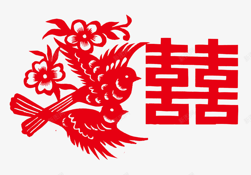 喜鹊囍字png免抠素材_88icon https://88icon.com 喜庆 窗花 红色 结婚