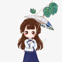 长发少女雨伞叶子素材