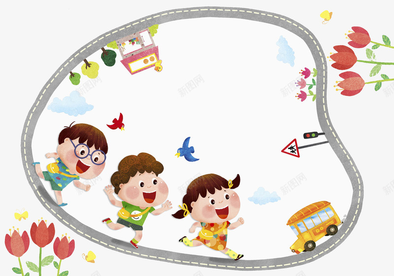 公路线路png免抠素材_88icon https://88icon.com 卡通 成群结队 手绘 树木 汽车 灰色公路 男孩 绿叶 花朵