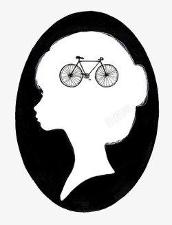 黑白少女自行车剪影素材