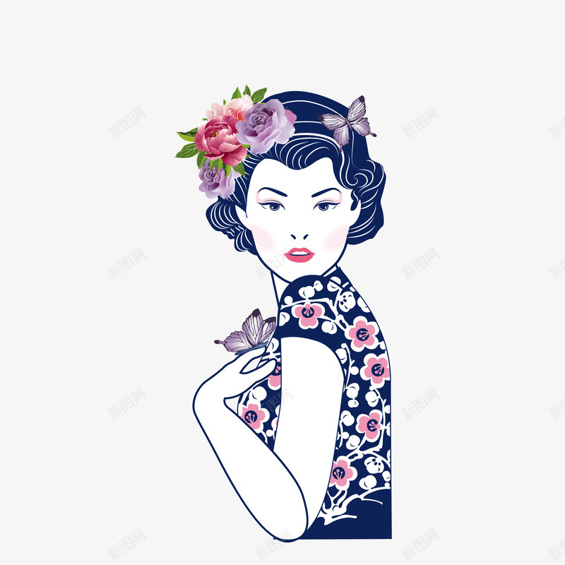 古风女人带花饰png免抠素材_88icon https://88icon.com 侧身 卡通 卷发 古风 回头 女人 手绘 旗袍 漂亮 美丽 花式 花衣