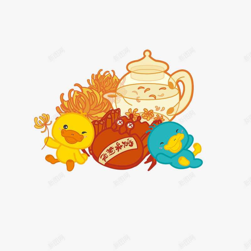 卡通重阳赏菊吃蟹插画png免抠素材_88icon https://88icon.com 卡通插画 可爱小鸭子 菊花茶 赏菊吃蟹 重阳节