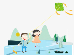 卡通儿童春季郊游放风筝素材