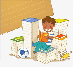 坐在书堆看书的男孩素材