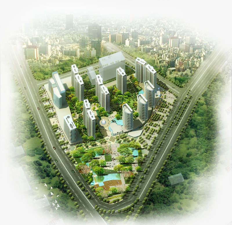 唯美的绿色现代城市png免抠素材_88icon https://88icon.com 两条路 公路 唯美 城市 小区 小区鸟瞰图 建筑 智慧社区 树木 楼房 绿色 高楼 鸟瞰图